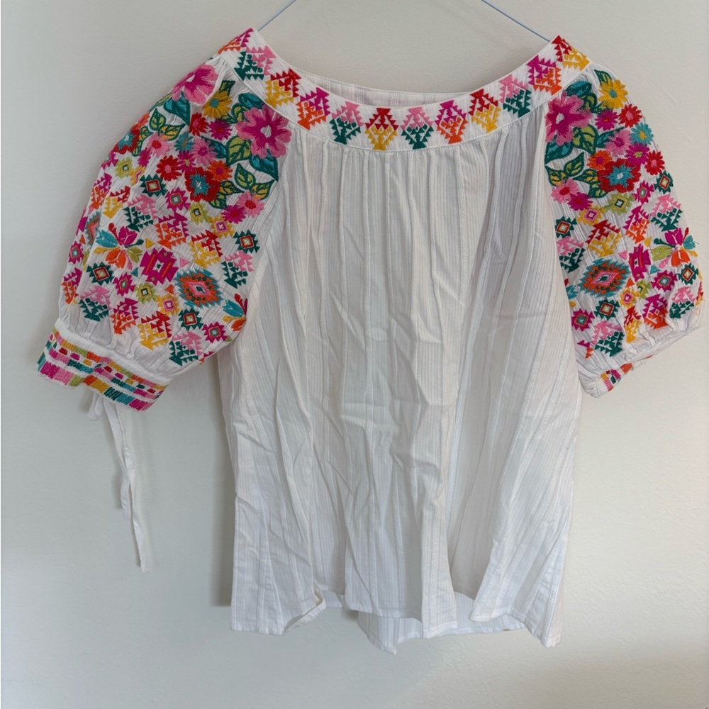 THML White Top with Multicolor Floral Embroidered Sleeves